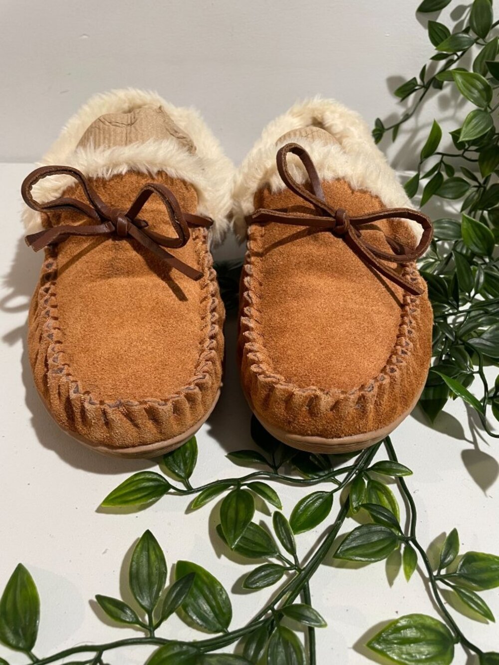 J.Crew Womens Faux Fur Lined Moccasin Slippers Size10 Suede Tan&Cream Rubber Sol
